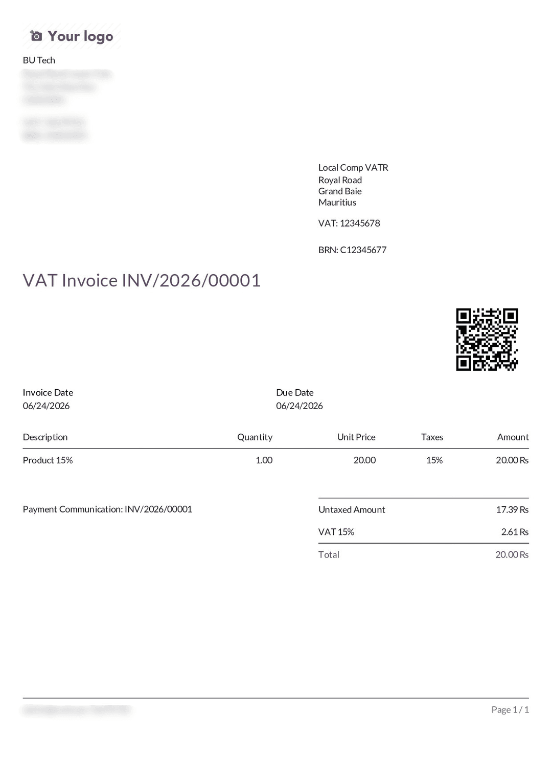 MRA fiscalised VAT invoice with QR code from Odoo