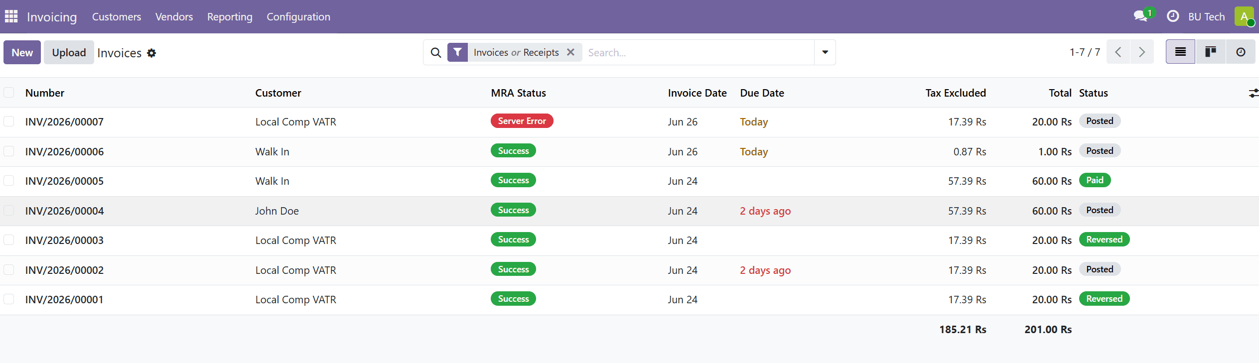 Odoo invoice list view with MRA fiscalisation status column
