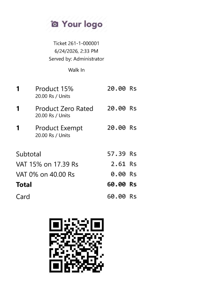 MRA fiscalised POS receipt with QR code from Odoo Point of Sale