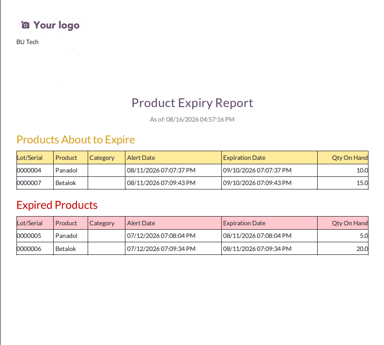 PDF expiry report generated from Odoo