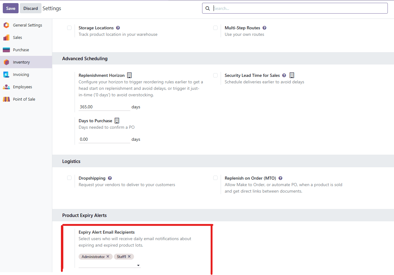 Inventory settings for expiry email alert recipients in Odoo
