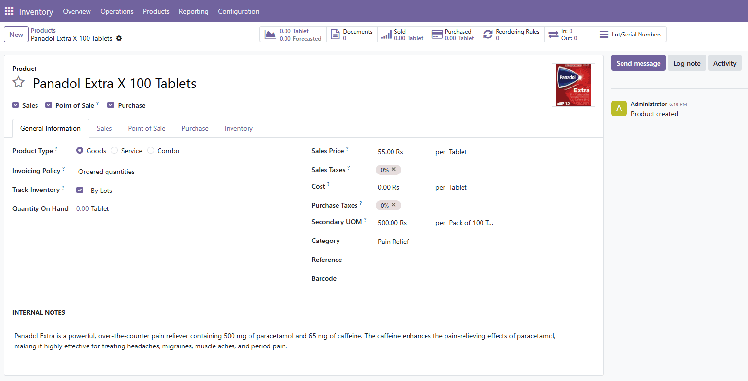 Panadol product setup with dual UOM pricing in Odoo