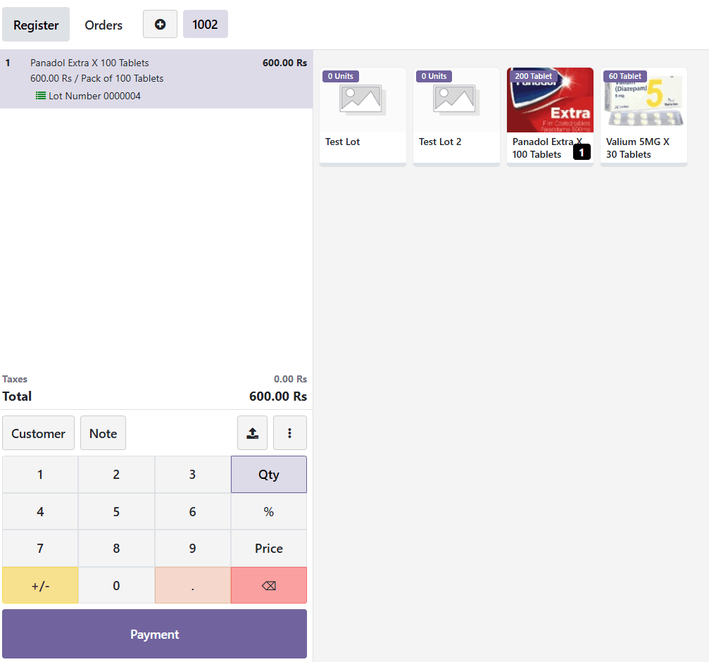POS order showing Panadol Pack of 100 Tablets with lot