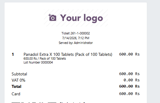 POS receipt showing Panadol Pack of 100 Tablets with lot number