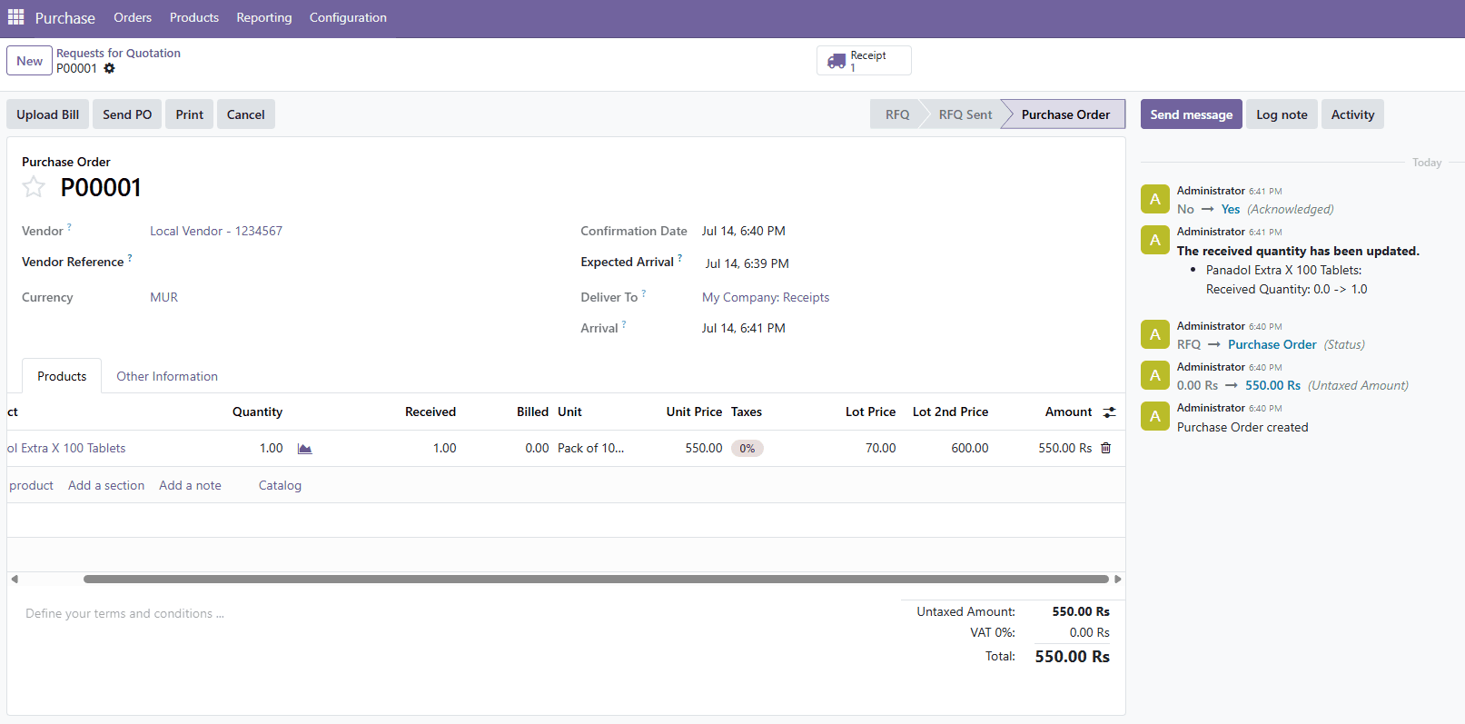 Purchase order with lot pricing in Odoo