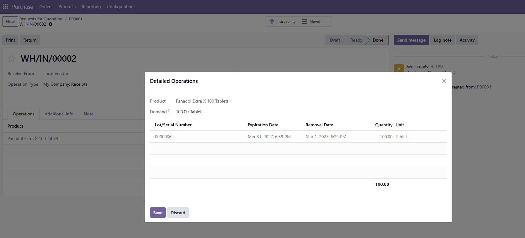 Purchase receipt with lot assigned in Odoo