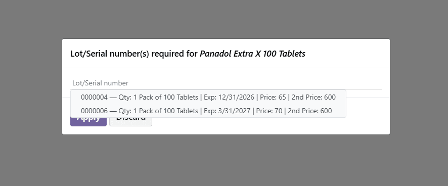POS lot selection showing quantity, expiry, and pricing
