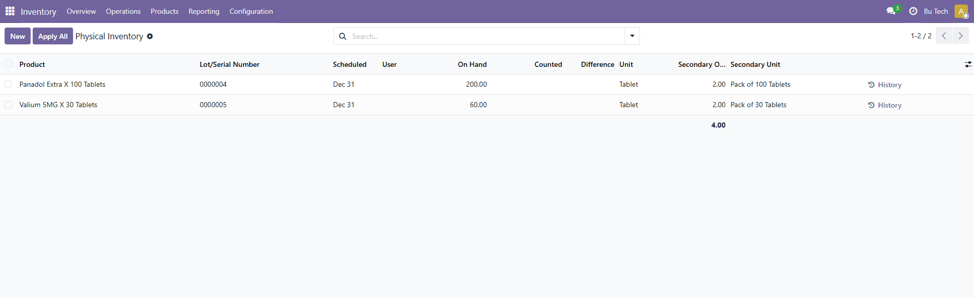 Physical inventory with secondary UOM quantities in Odoo