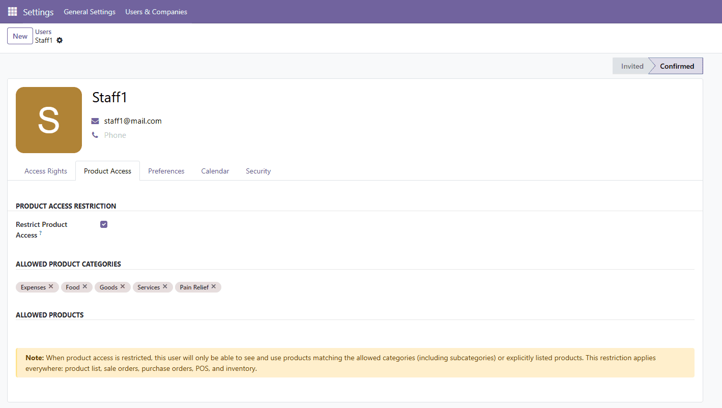 User access configuration with restricted product categories