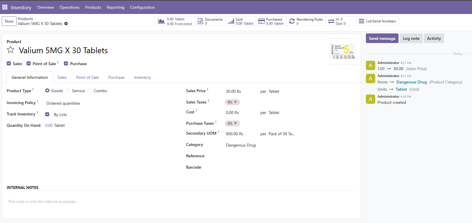 Valium product with Dangerous Drug category in Odoo