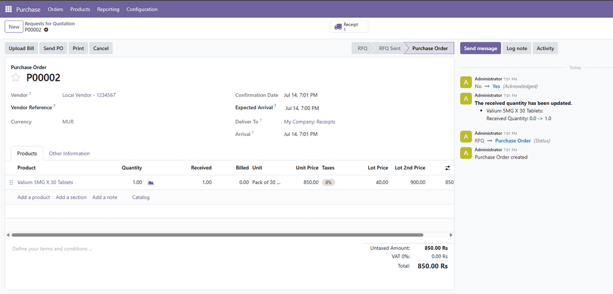 Admin purchase order containing Valium